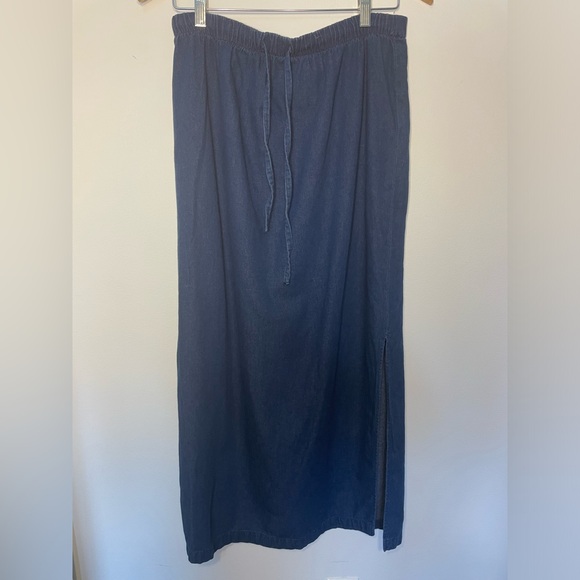 30-Leslie Fay Women Vintage Blue Denim Elastic Waist Prairie Modest Skirt Large - Picture 1 of 8